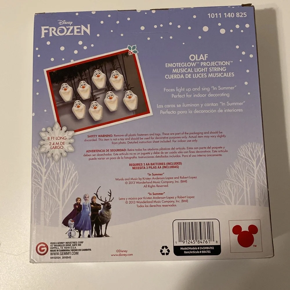 Disney Singing Olaf Christmas Musical Light String  8ft new Emoteglow projection